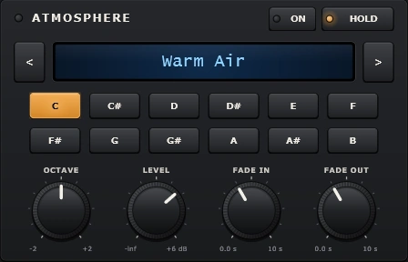 Painel real do Atmosphere com Warm Air, seleção de notas e controles de sustentação