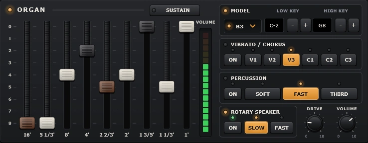 Painel real do órgão NUVO Keys com drawbars, vibrato, percussão e rotary